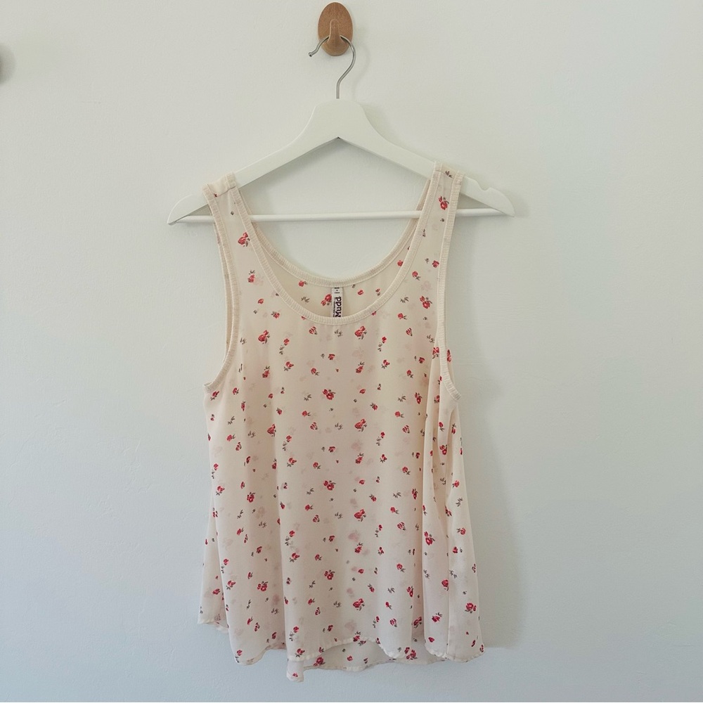 Sheer Floral Sleeveless Top - Cream with Red Accents